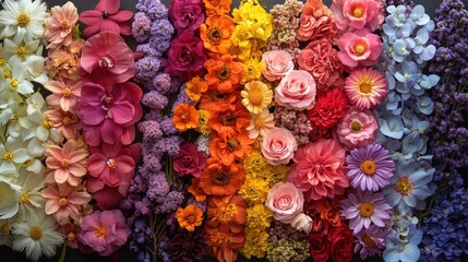 Many different colored flowers arranged in a row plant background