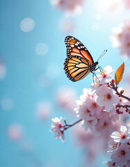 Obraz premium Butterfly rests on cherry blossom branch. Springtime nature background with blue sky, bokeh. Delicate flowers, sunny scene, macro shot. Beautiful floral photography for seasonal projects, greeting