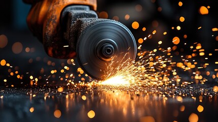 Close-up of a power tool cutting metal, sparks flying