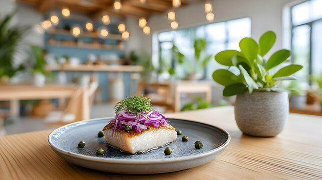 Pickled herring plated with onions and capers, blurred bright Nordic cafe interior