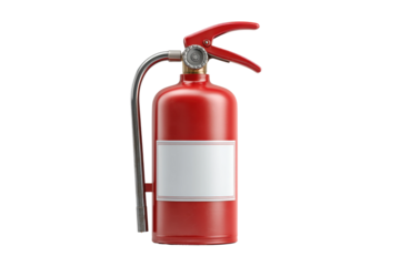 PNG Red fire extinguisher with hose and label for safety and emergency preparedness