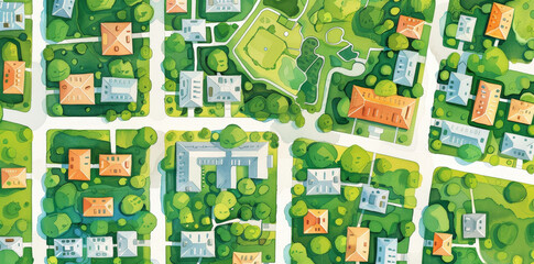 Fototapeta premium Illustration of city map, houses, streets, green areas, white background, kids' style. Cheerful art suits children's book appeal.