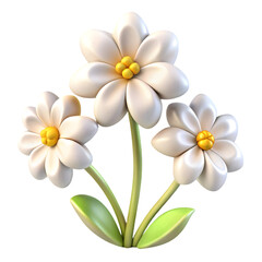 Fototapeta premium Three white daisy flowers with green stems and leaves, 3d render illustration on transparent background for spring and nature.
