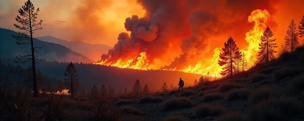 Wildfire Devastation Fierce Flames Consume Dry Forest, Dramatic Smoke-Filled Landscape