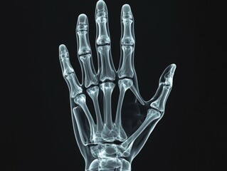Naklejka premium X-ray style of human hand bones with high detail. Medical or anatomical concept on clean black background.
