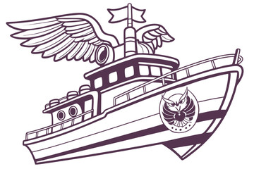 A Whimsical Nautical Adventure Featuring a Charming Cartoon Boat Adorned with Owl Emblem and Winged Details