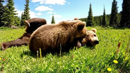 AI-generated bear and its cub playing together on a sunny meadow surrounded by green trees