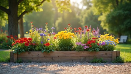 Raised flower bed with variety colorful blooming flowers. Flowers planted in wooden box, backyard garden with green grass lawn on background. Sunny summer day, beautiful landscape, gardening eco