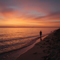 Fototapeta premium A solitary figure walks along a rippling shoreline at sunset, bathed in warm golden light with soft waves and vibrant skies, evoking solitude, tranquility, and peaceful reflection.