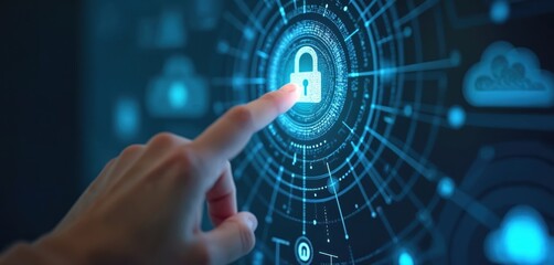 Human finger touching digital screen. Padlock icon. Cyber security concept. Protection sensitive data. Secure access, privacy, digital program, futuristic technology, cloud computing, internet.