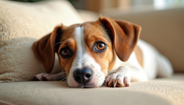 Adorable dog lying on couch looking directly at camera. Pet resting at home. Cute domestic animal with brown eyes, white fur with brown spots. Portrait of dog in cozy interior with soft textures. - Powered by Adobe