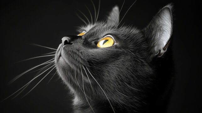 Black Cat Gaze: A captivating close-up of a black cat with piercing yellow eyes, gazing intently upward against a dark background. Its sleek fur and delicate whiskers are sharply defined.