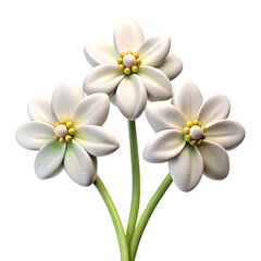 Obraz premium Three 3D stylized white flower blossoms on green stems, rendered on a transparent background, for spring design.
