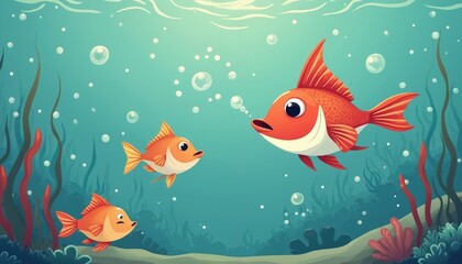 Fototapeta premium Illustration features fish serenading underwater friends with bubbles in whimsical aquatic setting. Playful marine life illustration with singing, friendship, fun. Ideal for children books,