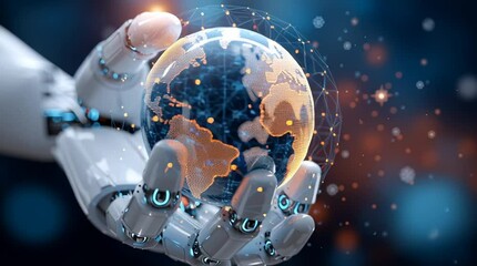 Rotating digital Earth in a robotic hand - artificial intelligence and global digital network. Robotic hand holding a rotating digital Earth with glowing data connections and global network lines      - Powered by Adobe