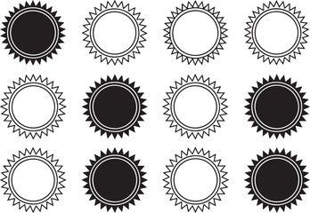 Twelve Simple Black and White Sunburst Circle Badges: Design Elements