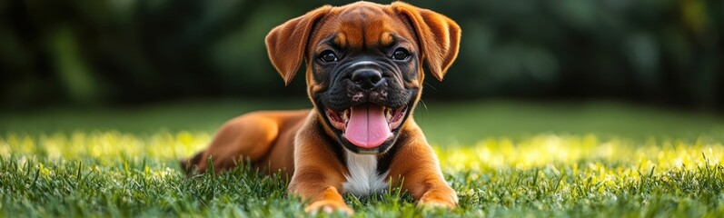 Fototapeta premium Puppy laying in the grass with his tongue out animal background
