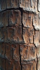 Close-up view of textured palm tree trunk. Rough bark detail, brown color. Natural outdoor background, perfect for eco, travel or nature related themes. Shows rough, textured surface.