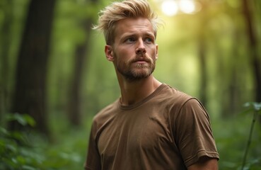 Blond man with stubble beard in lush green summer forest. Handsome male portrait. Casual t-shirt, blue eyes. Leisure, nature. Hiking vacation, active lifestyle, male beauty, woods background.