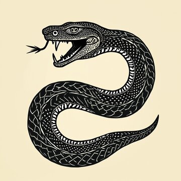 Stylized black-and-white snake illustration. Artistic depiction of reptile in coiled position with open mouth and tongue. Symbolism of nature, wildlife, danger, danger, transformation, power, mystery.
