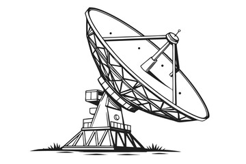 Monochrome Illustration of a Large Satellite Dish Standing Tall and Proud Against a Crisp White Background in a Striking Black and White Composition