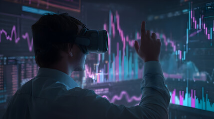 Man using vr headset interacting with stock market data displayed on a virtual screen in a dark room