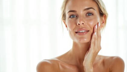 Blond beauty woman with shiny body, face strokes cheek. After using cleaning gel, moisturizing serum, hydrating moisturizer. Smiling female model, face skincare treatment, healthy glowing skin,