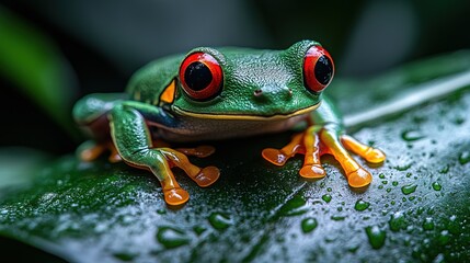 Fototapeta premium Close-up of a vibrant red-eyed tree frog on a wet leaf