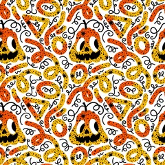 Autumn harvest vegetable seamless monster Halloween pumpkins pattern for wrapping paper and fabrics