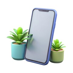 Modern smartphone with small potted plants isolated on white background