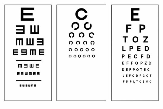 Vision Test Charts Featuring Snellen, Landolt C, and Tumbling E Designs