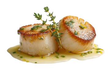PNG Seared scallops with lemon herb butter and fresh thyme garnish
