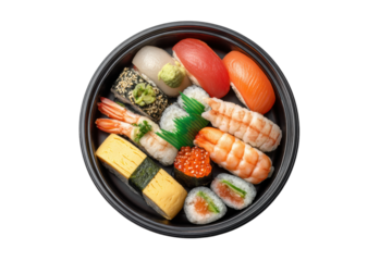 PNG Assorted sushi platter with nigiri, rolls, and sashimi