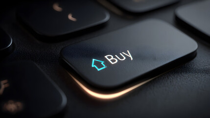A close up shot of a black keyboard with a buy button highlighted in bright light and blue arrow