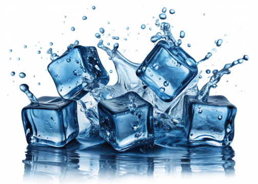 Five translucent blue ice cubes splashing with water droplets and reflections against a vibrant abstract background isolated on a transparent background