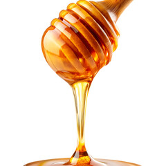 Golden honey dripping from a wooden dipper with grooves isolated on a transparent background image