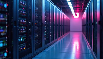 Data center servers rack units with cloud computing, cybersecurity technologies. Network infrastructure, big data storage, internet tech. Data protection, server room, data processing, information