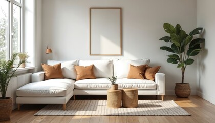 Bright cottage chic living room. White modern sofa with orange pillows. Empty wooden frame on wall. Indoor plants, small tables, light from window. Home decor.