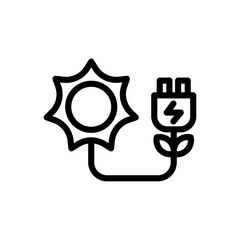 Icon Line plug in charge energy powered by sun energy. Free energy, ecology, renewable, green energy and solar power plant concept. Linear and Outline icon.