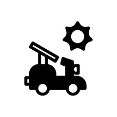 Icon Glyph electric motorbike powered by solar panel. Free energy, ecology, renewable, green energy and solar power plant concept. Black and Semi Solid icon.