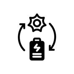 Icon Glyph rechargeable battery powered by sun energy. Free energy, ecology, renewable, green energy and solar power plant concept. Black and Semi Solid icon.