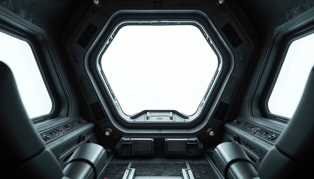 Futuristic spaceship cockpit interior with blank window. Empty space, modern design, dark environment for space travel. Passenger view of outer space, spacecraft control panel, digital illustration