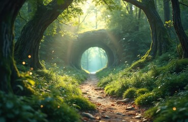 Magical forest path leading to glowing grotto. Rich greenery, soft ethereal light illuminates woodland scene. Fantasy adventure, nature exploration, eco tourism. Secret garden, fairy tale, enchanted