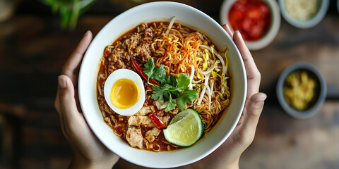 Mee rebus in dish being lifted by two hands