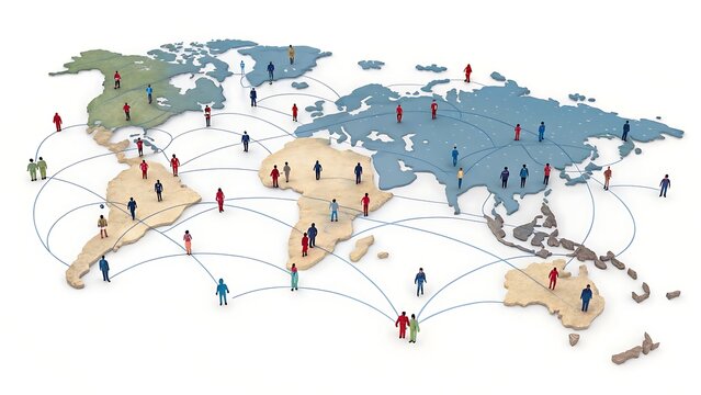 Global network of people connected across continents on a world map isolated on white background