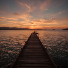 Obraz premium A solitary figure sits at the end of an old wooden pier at sunset, bathed in warm golden light with calm waters and vibrant skies, evoking peace, solitude, and reflection.