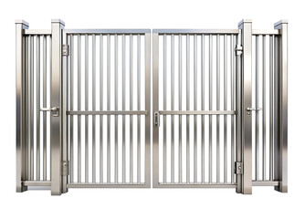 Polished stainless steel double security gate with vertical bars and handles isolated on a transparent background