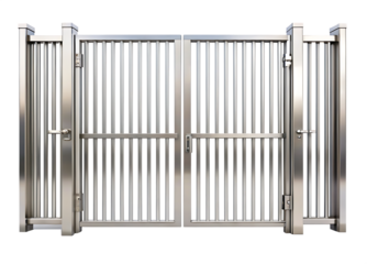 Polished stainless steel double security gate with vertical bars and handles isolated on a transparent background
