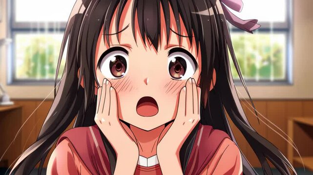 Anime Girl in Awe: Capturing a moment of sheer wonder, an anime girl, her large eyes wide with surprise, radiates an aura of innocent delight and curiosity, framed by a backdrop of classroom setting.