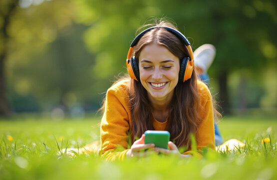 Young woman smiles listening music with headphones using smartphone outdoors in sunny park. Girl relaxing, reading text messages, enjoying leisure time, fun, communication, recreation. Happy woman
